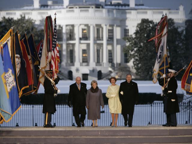 President George W. Bush and Mrs. Laura Bush and Vice President Dick Cheney and Mrs. Lynne Cheney appear on stage at the A Celebration of Freedom Inaugural Concert on the Ellipse in Washington, D.C., January 19, 2005.