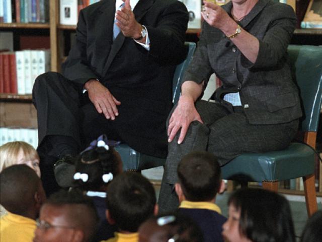 President George W. Bush and Mrs. Laura Bush visit the reading room at the British Museum, July 19, 2001, in London, where they read The Legend of the Bluebonnet to British and American children. (P5345-16)