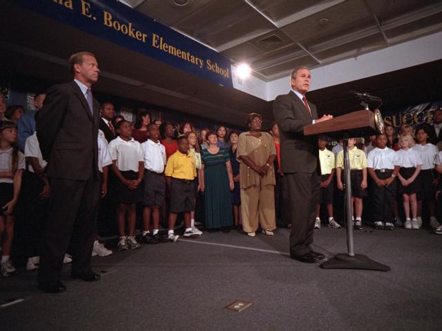 President George W. Bush delivers remarks from Emma E. Booker Elementary School in Sarasota, Florida at 9:30 a.m., September 11, 2001, following terrorist attacks on the World Trade Center. (P7058-31A)