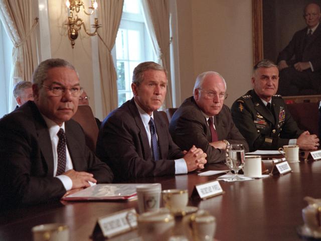President George W. Bush talks with the media, September 12, 2001, about the previous day's terrorist attacks during a Cabinet meeting at the White House. (P7186-10a)
