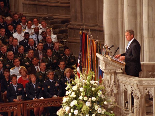 President George W. Bush addresses the congregation and the nation at the National Cathedral in Washington, D.C.