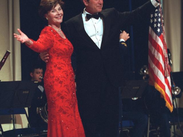 President George W. Bush and Laura Bush dance at an inaugural ball, January 20, 2001, in Washington, D.C. (P74-31)