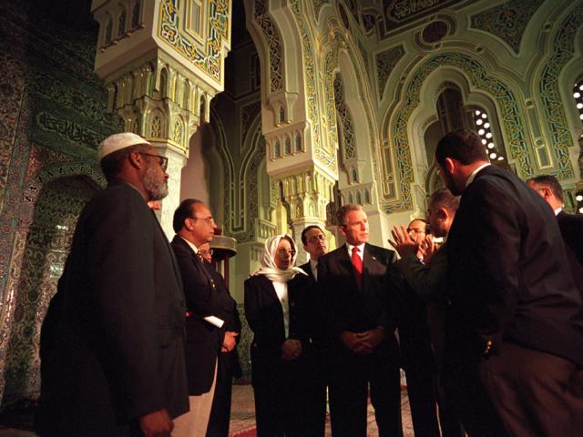 President George W. Bush talks with community leaders at the Islamic Center of Washington, D.C.