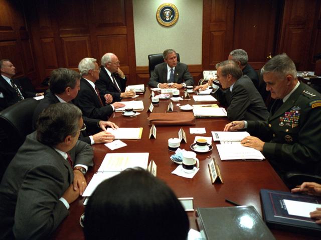 President George W. Bush meets with the National Security Council the morning of September 20, 2001, in the Situation Room of the White House. (P7588-26)