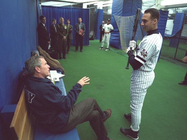 President George W. Bush talks with shortstop Derek Jeter, October 30, 2001, before throwing out the ceremonial first pitch in Game Three of the World Series. (P9153-19a)