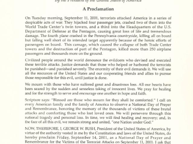 September 13, 2001 Proclamation announcing a National Day of Prayer and Remembrance for the victims of the terrorist attacks on September 11, 2001.