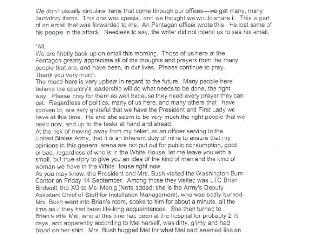 Circulated email from the Staff Secretary's Office, dated September 26, 2001, discussing Lieutenant Colonel Brian Birdwell, a burn victim who survived the September 11, 2001 terrorist attack on the Pentagon.