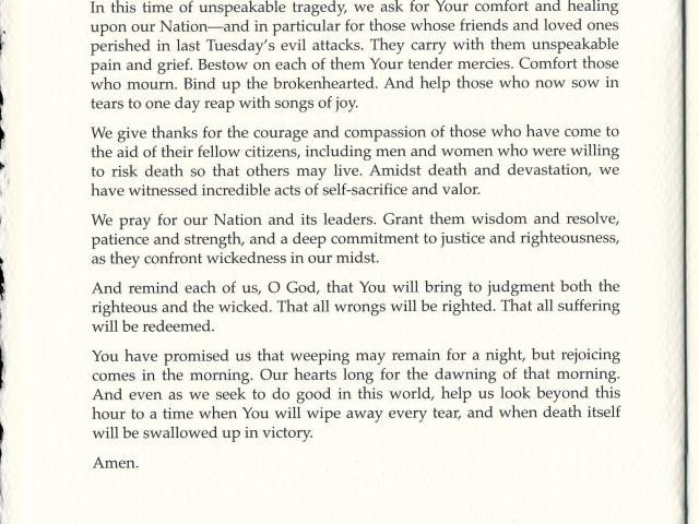 Program from the National Day of Prayer and Remembrance service held at the Washington National Cathedral on September 14, 2001.