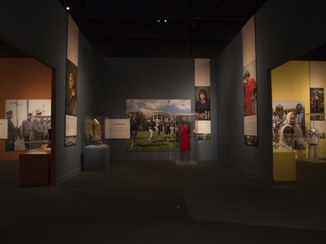 A view looking into the 2018 First Ladies exhibit at the George W Bush Library and Museum