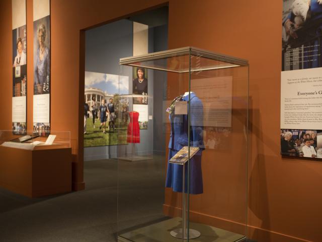 A photo with views into two different rooms in the 2018 First Ladies exhibit at the George W Bush Library and Museum