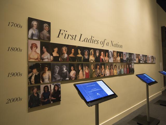 A photo of the portrait timeline showing all the First Ladies of the United States, part of the 2018 First Ladies exhibit at the George W Bush Library and Museum