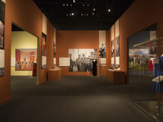 A look at the orange room of the 2018 First Ladies exhibit at the George W Bush Library and Museum