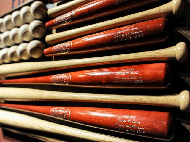 A picture of a flag constructed from baseball bats and baseballs, part of the 2015 exhibit 'Baseball: America's Presidents, America's Pastime,' at the George W Bush Library and Museum