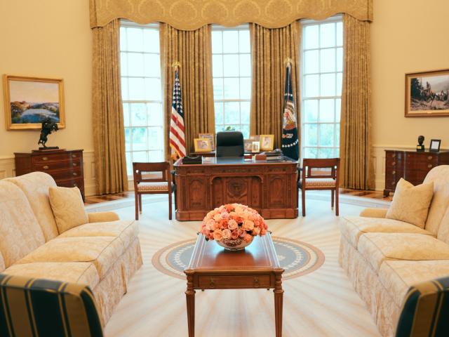 A full-size replica of the President's Oval Office, vertical (portrait) view