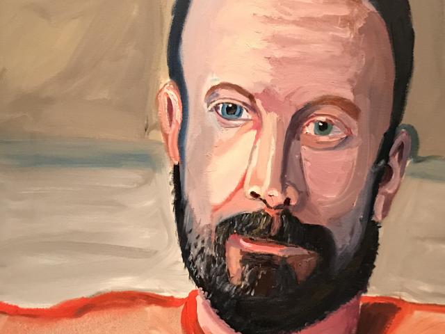 A photo of a portrait of Zach Collett by President George W Bush, part of the 2017 exhibit Portraits of Courage, at the George W Bush Library and Museum