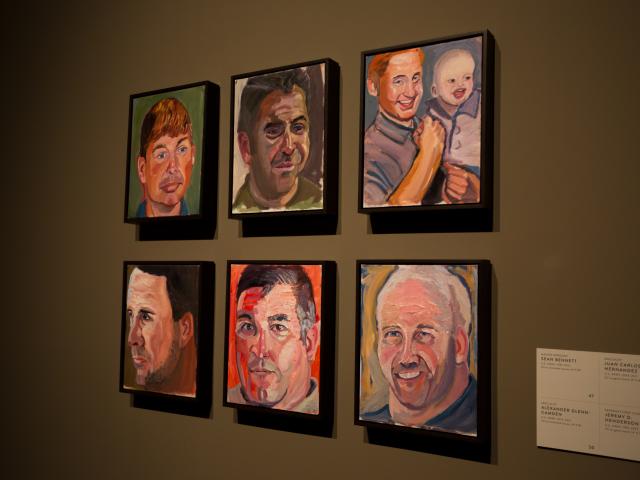 A photo of six portraits painted by President George W Bush, part of the 2017 exhibit Portraits of Courage at the George W Bush Library and Museum