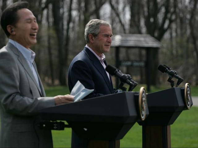 President George W. Bush and South Korean President Lee Myung-Bak Participate in a Joint Press Availability at Camp David on April 19, 2008.