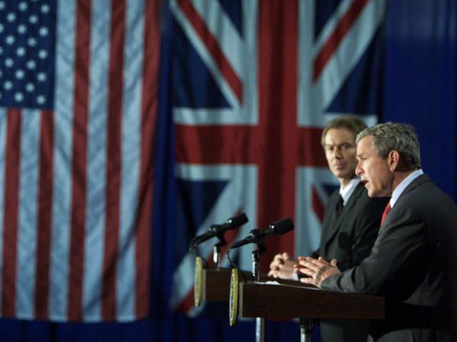 President George W. Bush and Prime Minister Tony Blair of Great Britain participate in Joint News Conference on May 2, 2002