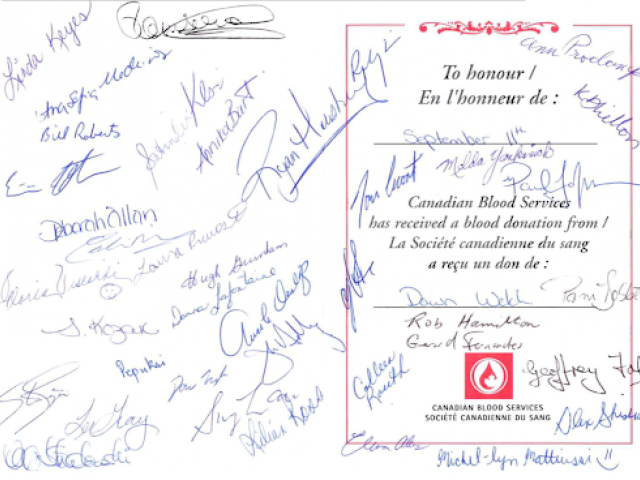 Throughout Canada hundreds of individuals and groups gave blood and donated money to the Canadian Blood Services as well as signing and sending in these postcards of support.