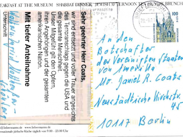 In the aftermath of September 11th, eight German newspapers printed condolence messages that their readers could cut out, adhere to postcards, and mail to the United States Ambassador Daniel Coats in Berlin. Over 30,000 people participated in this outpouring of sympathy.