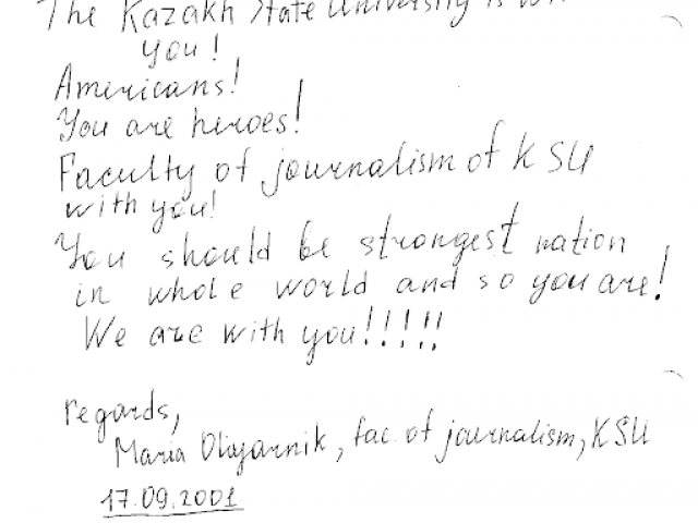 A faculty member from the Kazakh State University in the Republic of Kazakhstan shares her support.