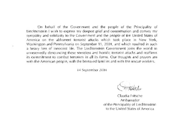 The Liechtenstein Ambassador to the United States shares the grief of her government and people over the abhorrent terrorist attacks.