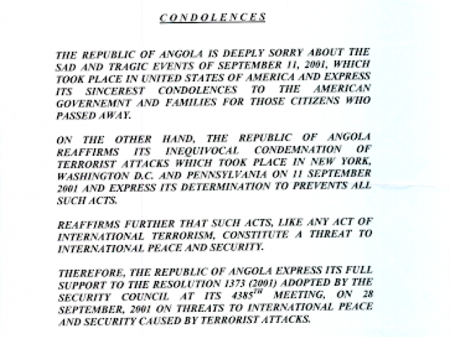 Ambassador José Agostinho Neto from the People's Republic of Angola expresses the deep sorrow and support from the Angolan people and government in this letter.