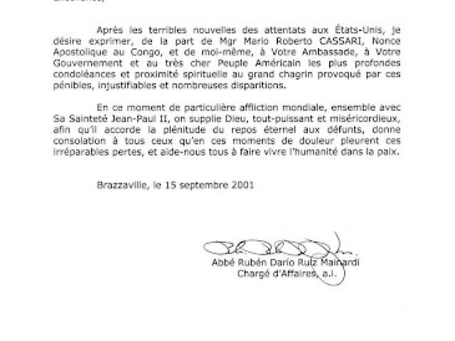Abbe Ruben Dario Ruiz Mainardi, representative of the Holy See in Brazzaville, sends this letter to the United States Ambassador to the Democratic Republic of the Congo.
