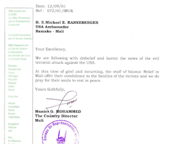 In this letter, the Country Director of Islamic Relief in the Republic of Mali mourns with the United States.