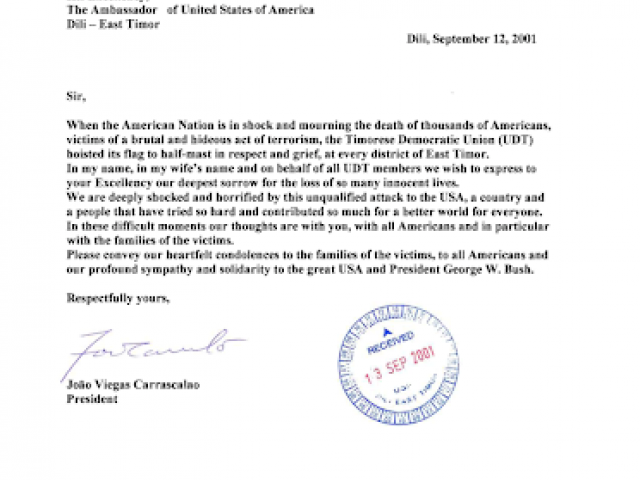 The President of the Timorese Democratic Union (became East Timor in 2003) expresses shock and sorrow in this letter.