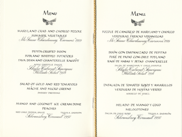 Menu for Mexico State Dinner, September 5, 2001.