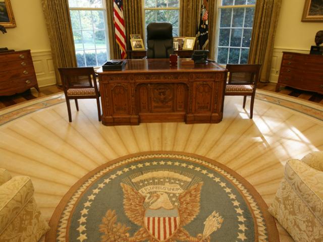 Southern View of the Oval Office Including the Resolute Desk During the Presidency of George W. Bush.