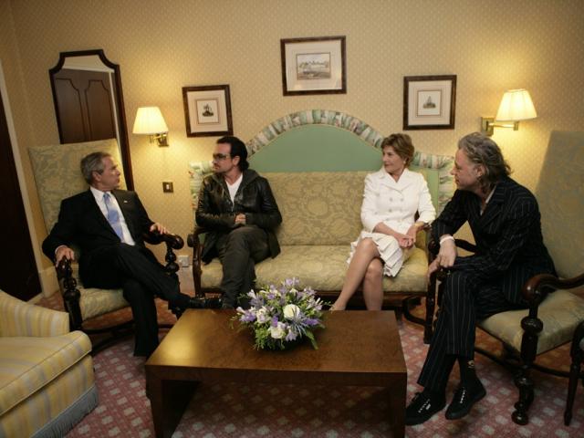 President George W. Bush, Bono, Mrs. Laura Bush and Bob Geldof, Far Right, Hold a Working Meeting on Africa at the G8 Summit in Gleneagles, Scotland