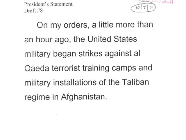 Select speech cards used by President George W. Bush to announce the invasion of Afghanistan, October 7, 2001.