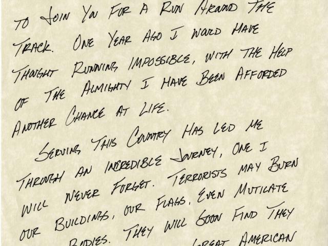 To President George W. Bush a letter from amputee Sergeant Christian Bagge dated July 6, 2006 who ran with the President at the White House. (Page 1 of 2)