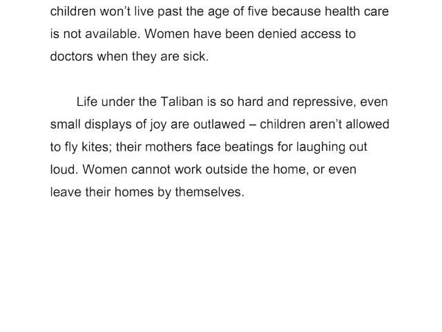 Statement used by First Lady Laura Bush to deliver a radio address on November 17, 2001 about the treatment of women and children by the Taliban in Afghanistan. (Page 2 of 5)