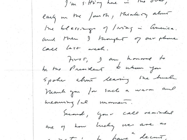 Handwritten letter dated July 4, 2005 to United States Supreme Court Justice Sandra Day O'Connor written by President George W. Bush upon receipt of her resignation. (Page 1 of 2)