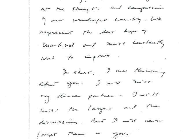 Handwritten letter dated July 4, 2005 to United States Supreme Court Justice Sandra Day O'Connor written by President George W. Bush upon receipt of her resignation. (Page 2 of 2)