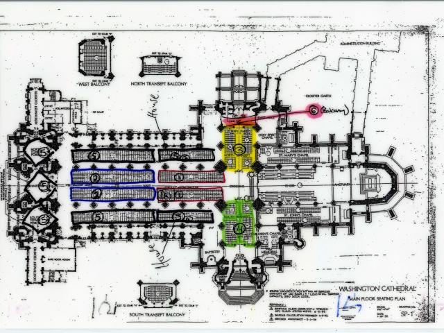 Seating chart and tickets from the National Day of Prayer and Remembrance service held at the Washington National Cathedral on September 14, 2001. (Page 1 of 2)