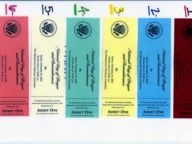 Seating chart and tickets from the National Day of Prayer and Remembrance service held at the Washington National Cathedral on September 14, 2001. (Page 2 of 2)