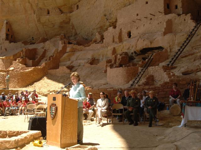 First Lady Laura Bush give a speech at Mesa Verda National Park in Colorado to commemorate the park’s centennial, May 23, 2006.