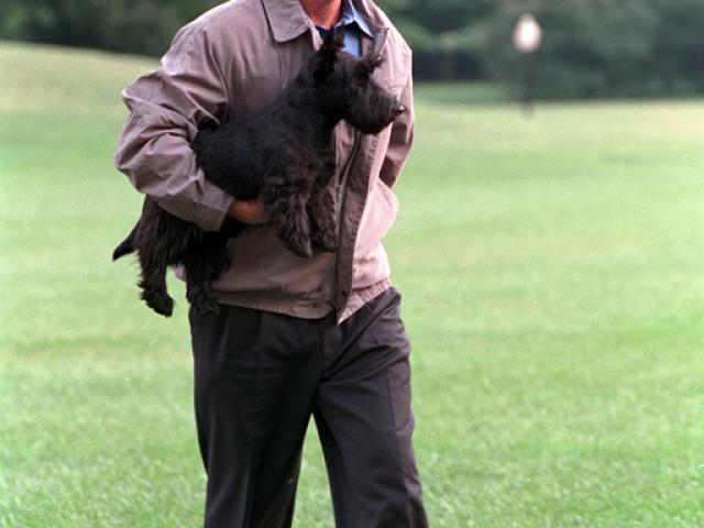 President George W. Bush carries Barney to the South Portico of the White House September 3, 2001, after disembarking Marine One.  Photo by Tina Hager, George W. Bush Presidential Library. P6560-34A.