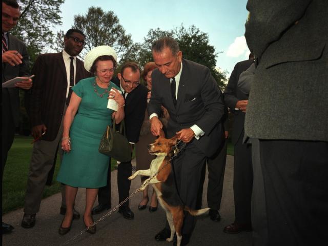 President Johnson lifts one of his beagles by the ears as members of the press look on, Washington, DC, May 4, 1964. LBJ Library photo by Cecil Stoughton. C311-7-WH64.