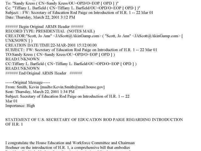 Example of Sandy Kress email