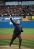 President George W. Bush throws out the ceremonial first pitch, October 30, 2001, at Yankee Stadium before Game Three of the World Series. (P9154-14)