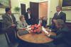 Working with his Senior Staff, President George W. Bush reviews a speech regarding the day's terrorist attacks that he will deliver to the Nation from the Oval Office, September 11, 2001.