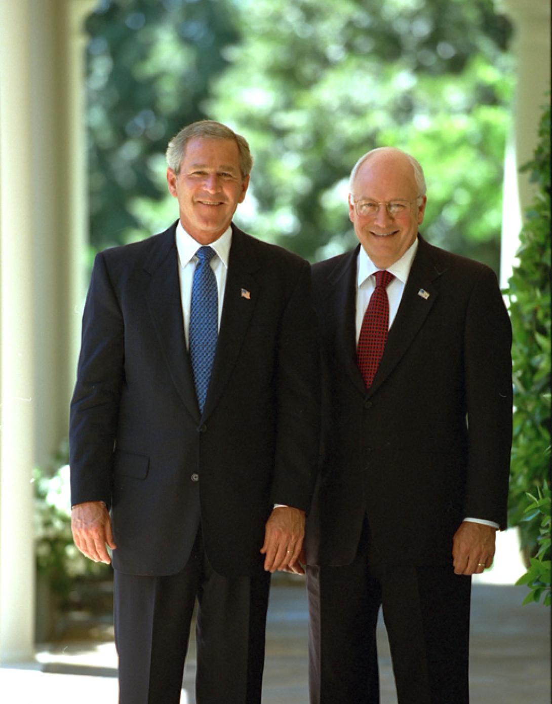 President George W. Bush and Vice President Dick Cheney on the Colonnade outside the Oval Office, July 17, 2003, at the White House. (P32295-19)