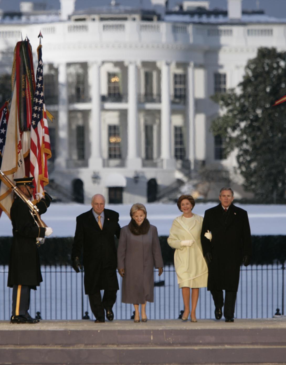 President George W. Bush and Mrs. Laura Bush and Vice President Dick Cheney and Mrs. Lynne Cheney appear on stage at the A Celebration of Freedom Inaugural Concert on the Ellipse in Washington, D.C., January 19, 2005.
