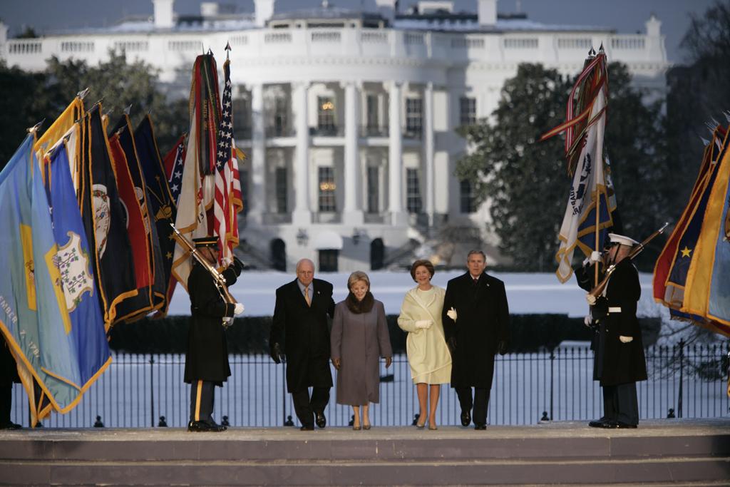 President George W. Bush and Mrs. Laura Bush and Vice President Dick Cheney and Mrs. Lynne Cheney appear on stage at the A Celebration of Freedom Inaugural Concert on the Ellipse in Washington, D.C., January 19, 2005.