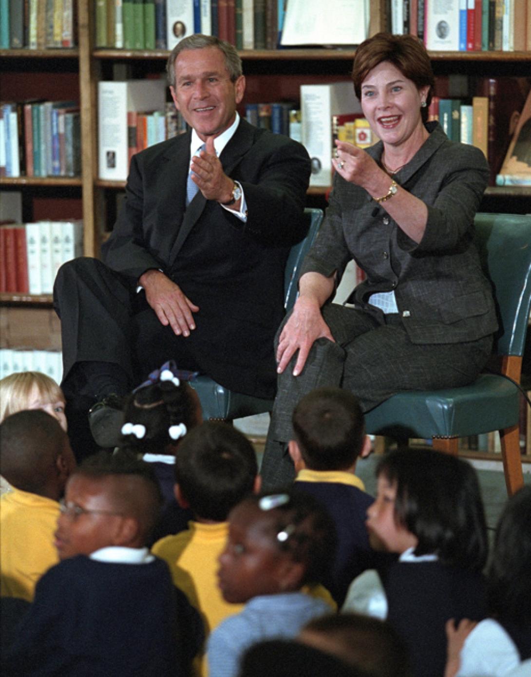 President George W. Bush and Mrs. Laura Bush visit the reading room at the British Museum, July 19, 2001, in London, where they read The Legend of the Bluebonnet to British and American children. (P5345-16)